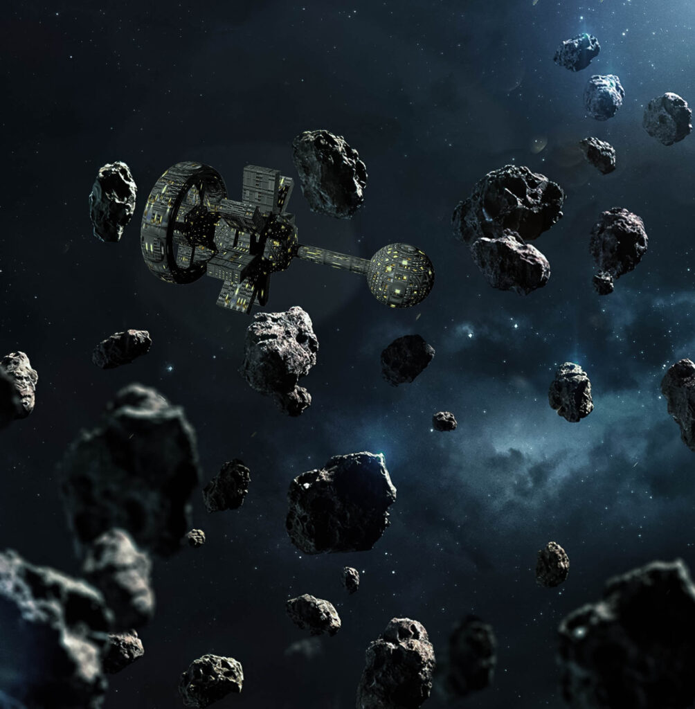 A space station, with a field of asteroids.